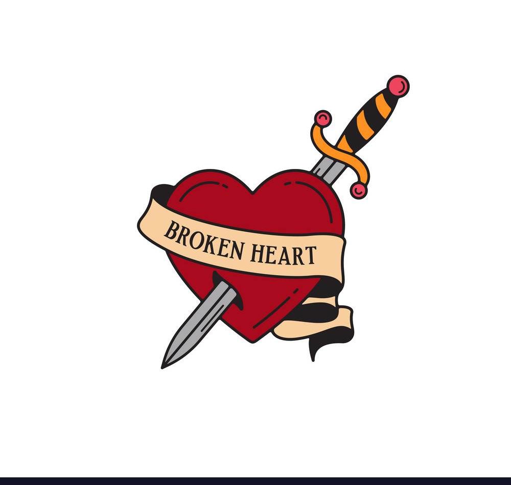Old school tattoo emblem label with dagger heart symbols and wording broken heart. Traditional tattooing style ink. Isolated vector.